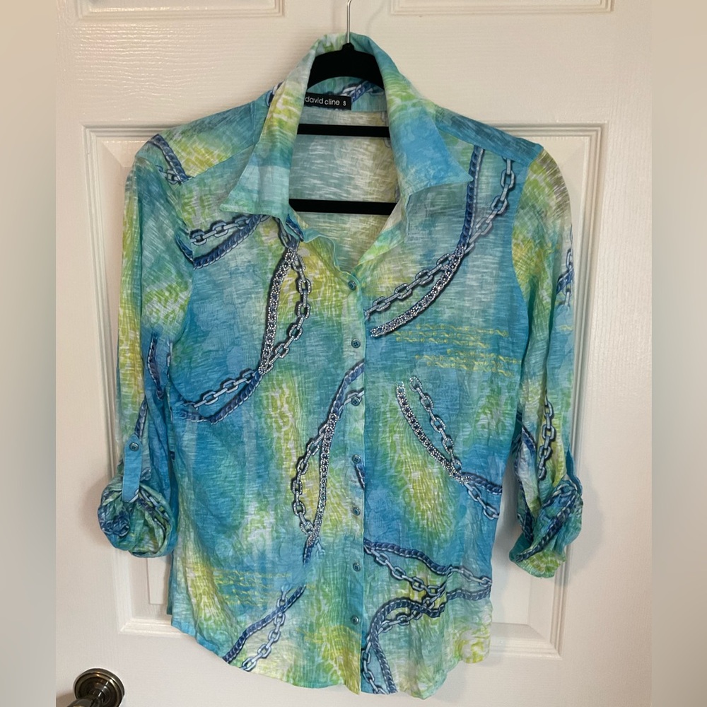 David Cline Blue and Green and silver.  Beautiful snap buttons. Size small.